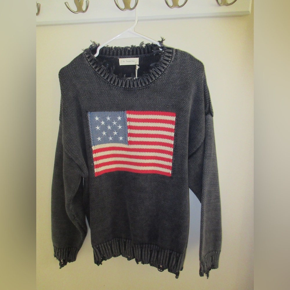 Island Gypsy boutique Gray Sweater with American Flag Design